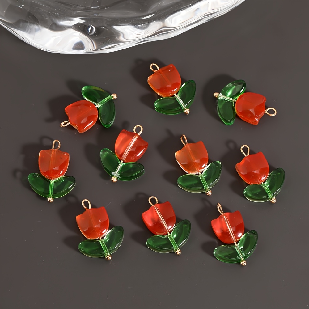 10pcs Glass Tulip Flower Pendants with 3D Leaves Multicolor Necklace Charms